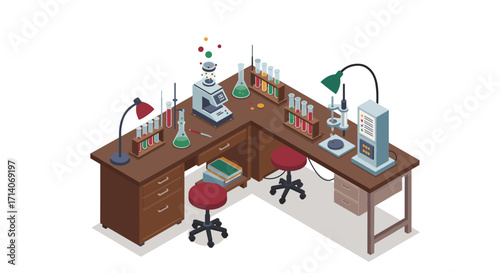 Modern isometric science lab with equipment and glassware on l-shaped desk