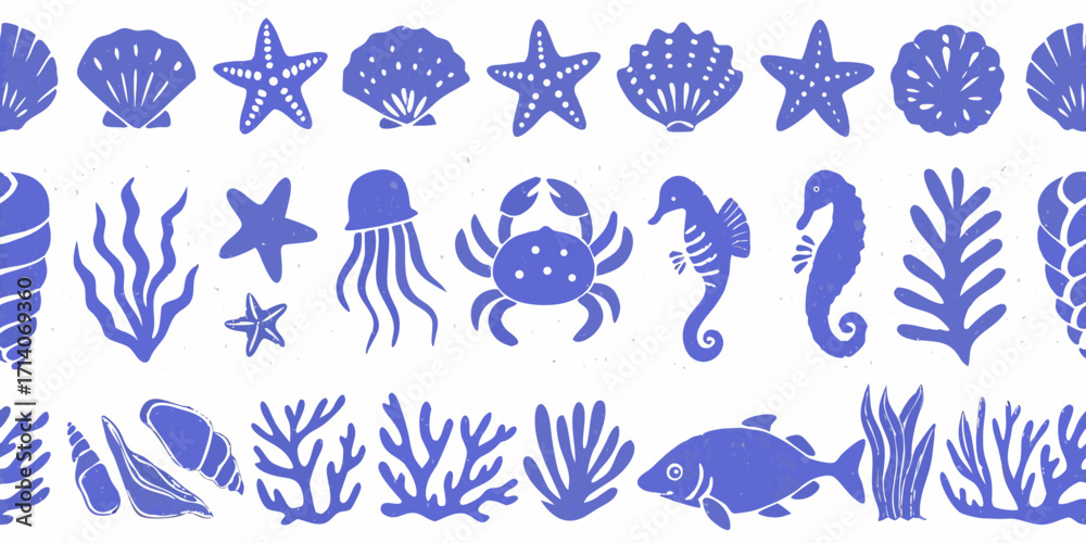 Fototapeta premium Seamless pattern of blue ocean sea life icons and marine plants on a textured white background