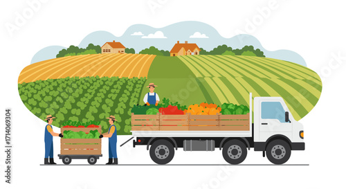Farmers transporting fresh produce with a truck on a sunny farm landscape