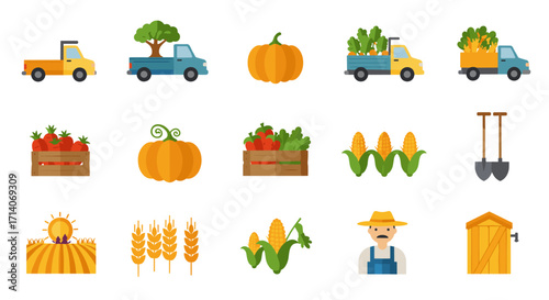 Flat farm icons: harvest, vegetables, and farming equipment