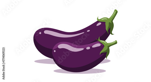 Vibrant purple eggplants with glossy green stems on white background