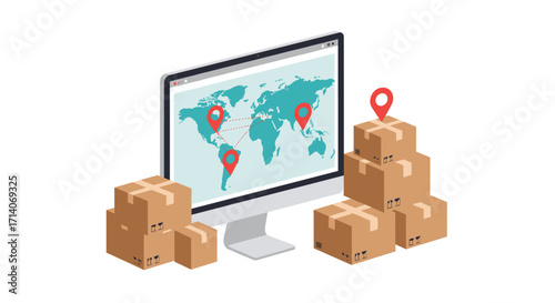Global shipping concept with computer display and cardboard boxes
