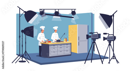 Professional cooking show setup with chefs in a modern studio kitchen environment