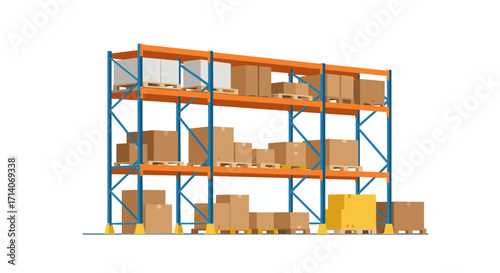 Modern warehouse shelving with cardboard boxes on pallets in isometric view