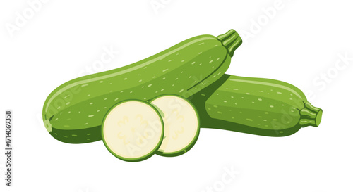 Fresh green zucchini with slices on white background