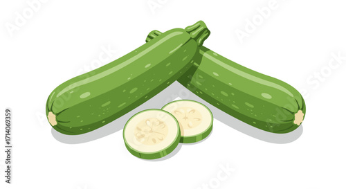 Fresh green zucchini pair with sliced pieces on white background