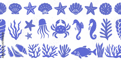 Seamless pattern of blue ocean sea life icons and marine plants on a textured white background