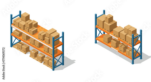 Isometric warehouse shelves with cardboard boxes on orange and blue racks