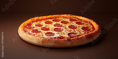 Top view of hot and tasty traditional pizza with classic pepperoni and delicious cheese creates perfect background for any meal