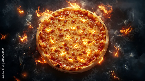 Delicious traditional Italian pizza topped with melted cheese and crispy crust, viewed from top against hot fiery background