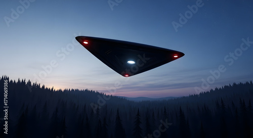 Obraz na płótnie 夜明けの森上空に浮かぶ三角形UFO：神秘的な宇宙船と未確認飛行物体