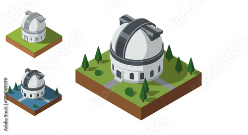 Isometric observatory dome with landscape elements on multiple platforms