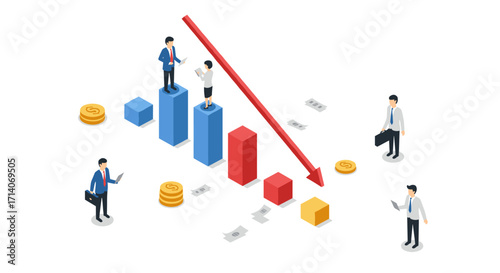 Business decline concept with isometric graphs and professionals in suits