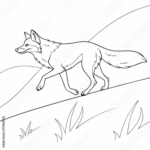 A black and white line drawing of a swift fox running across a grassy hill with a simple background of rolling hills