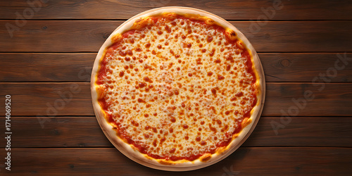 Delicious traditional Italian pizza viewed from top showcases hot tasty classic with golden crust against rustic wooden background