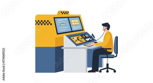 Airport control operator managing flight systems at desk