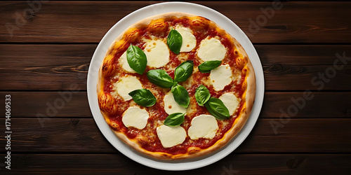 Delicious traditional Italian pizza topped with fresh mozzarella and basil leaves served on white plate against wooden background