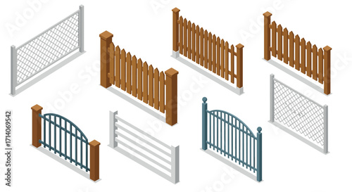 Isometric set of various fences for architectural design and urban planning