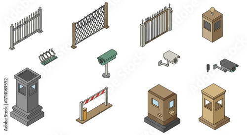 Isometric security elements: fences, cameras, guard houses, barriers in urban design