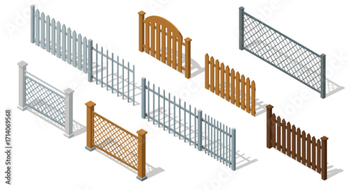Isometric wooden and metal fences collection for landscaping design