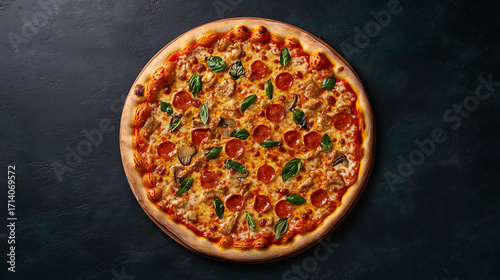 Delicious traditional Italian pizza topped with hot pepperoni and fresh basil on classic crust, perfect for any meal
