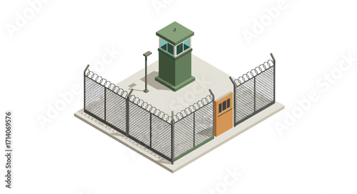 Isometric guard tower with barbed fence in minimalist design