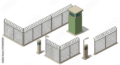 Isometric security fence with observation tower and barbed wire details