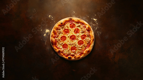 Delicious traditional Italian pizza topped with hot tasty pepperoni sits on rustic background, perfect for any meal