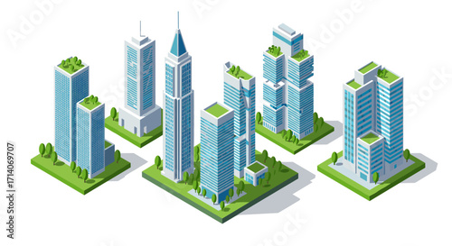 Modern isometric cityscape with high-rise buildings and green spaces