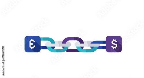 Blockchain currency connection with cryptocurrency and dollar symbols in flat style