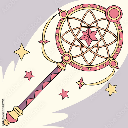 A magical fantasy wand with a starburst design at the top and a patterned handle surrounded by sparkling stars and ethereal wisps