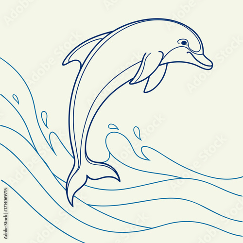 A playful blue line art dolphin leaps joyfully out of stylized ocean waves with water splashes against a cream background