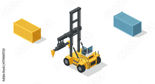Isometric container handling: industrial forklift with cargo containers on white background