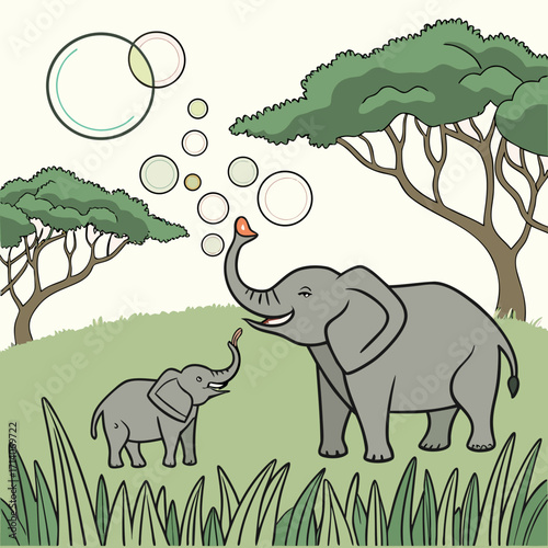 A mother and baby elephant playing together blowing bubbles in the african savanna under acacia trees on a sunny day