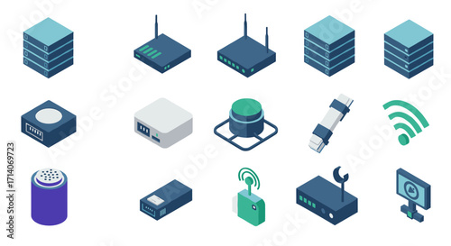 Isometric network devices set featuring routers, servers, and wireless technology icons