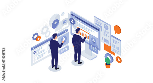 Business team analyzing data in isometric style with digital interface and charts