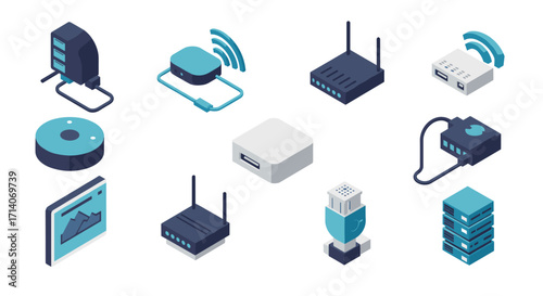 Isometric network devices and technology icons for modern digital connectivity