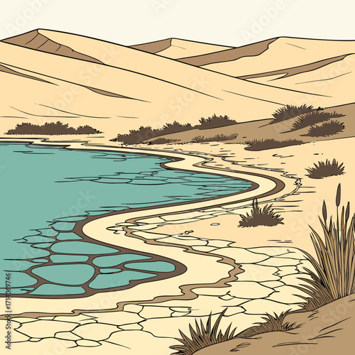 A serene desert oasis with a shimmering turquoise lake surrounded by sand dunes and sparse vegetation under a clear sky