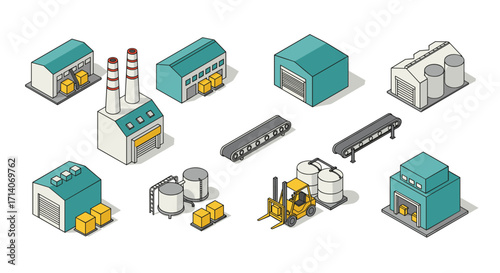 Isometric industrial warehouse and factory elements with conveyors and forklift