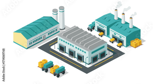 Isometric industrial complex with warehouses and trucks unloading in modern style