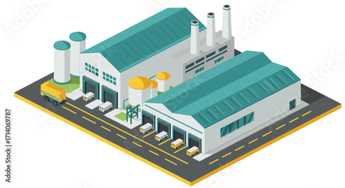 Isometric factory complex with trucks and storage tanks on a road