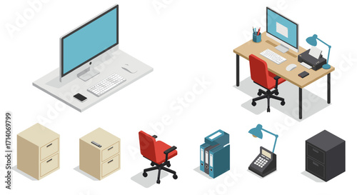 Modern office isometric workspace with computer, desk, chair, and office supplies