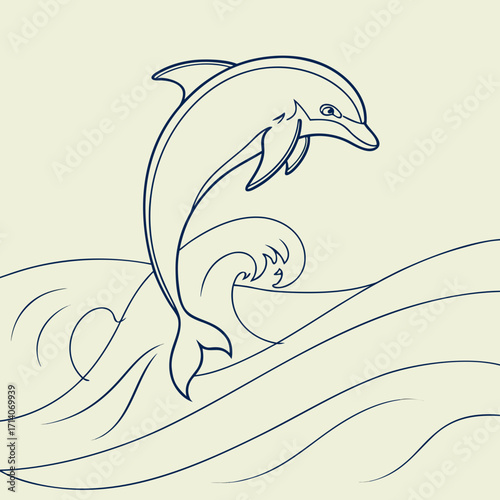 A stylized minimalist line art illustration of a playful dolphin leaping joyfully through a cresting ocean wave against a soft cream background