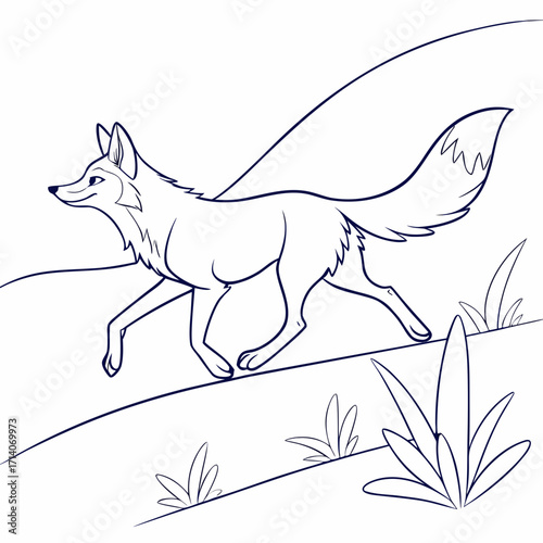 A stylized outline drawing of a playful fox with a bushy tail running across a grassy hill with simple plant illustrations