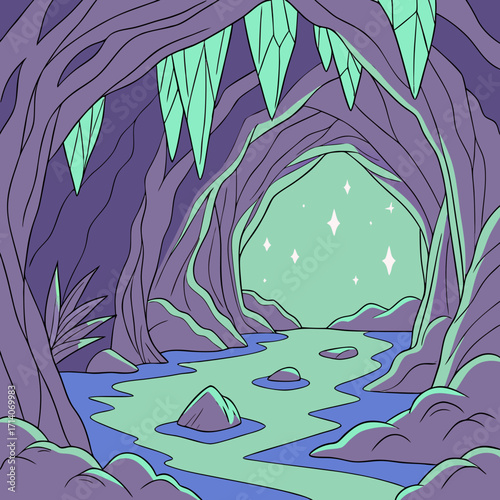 A surreal and magical cave interior with glowing teal crystals hanging from the purple rock ceiling above a winding blue and green river with sparkling stars in the distance