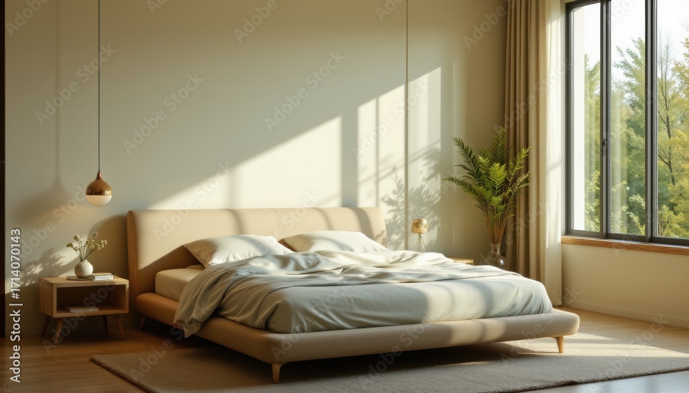 Obraz premium create a modern bedroom interior image featuring a simple minimalist luxury bed in a soft sun light from window, casting a green room hue