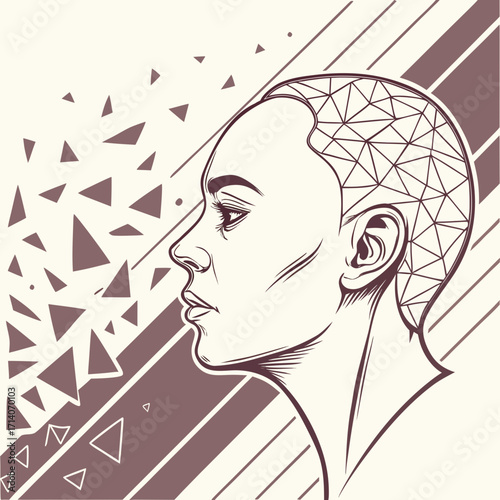 Abstract geometric illustration of a woman s profile with a polygonal pattern on her head and fragmented shapes in the background