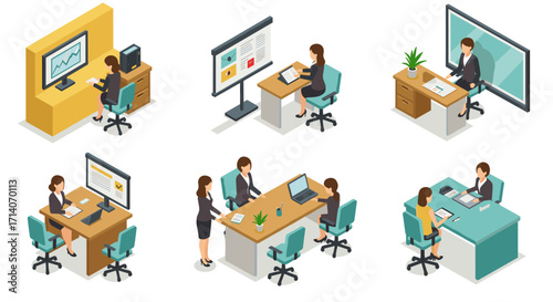 Isometric office scenes with professionals in business meetings and presentations