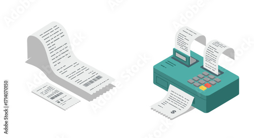 Modern isometric cash register with receipts