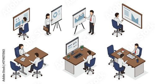 Isometric office workers collaborating on presentations and meetings